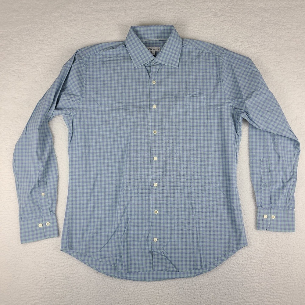 Peter Millar Shirt Mens Large Blue Teal‎ Check Cotton Spandex Dress Button Up